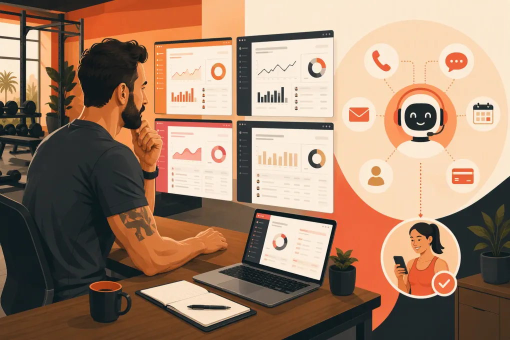 Independent gym owner comparing management platforms and AI receptionist workflows