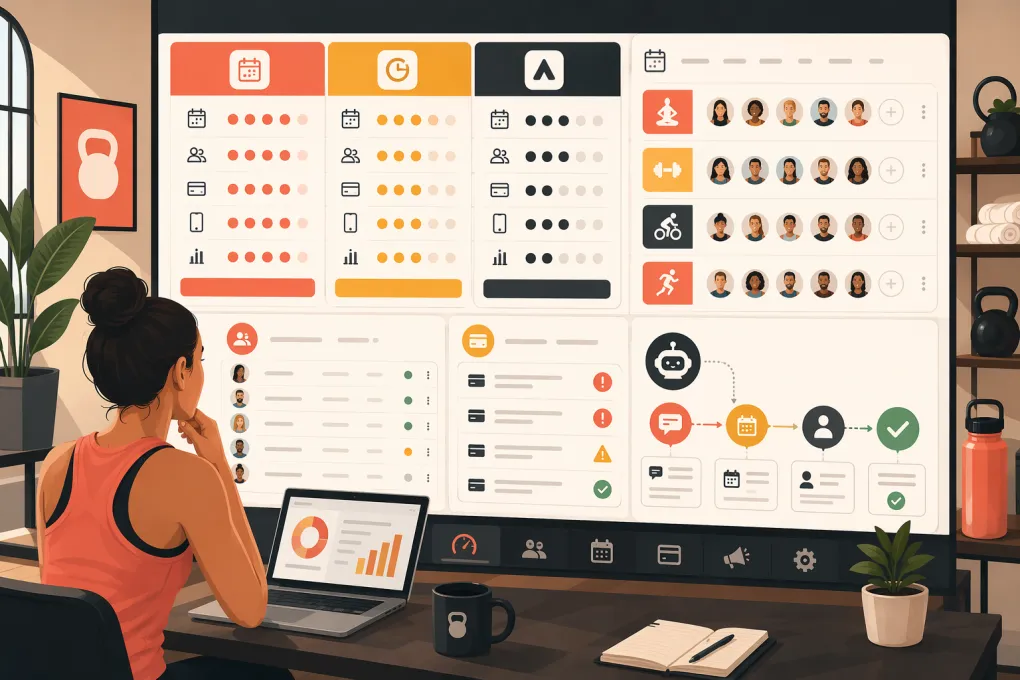 Fitness studio operator comparing scheduling, membership, payment, and AI receptionist platforms