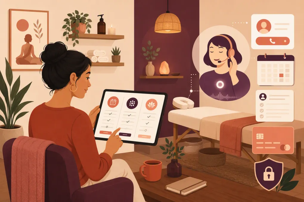 Massage practice owner comparing booking and AI receptionist software
