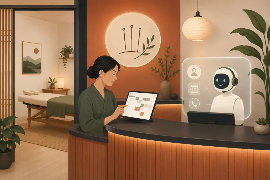 Acupuncture practitioner using scheduling software while an AI assistant handles clinic calls