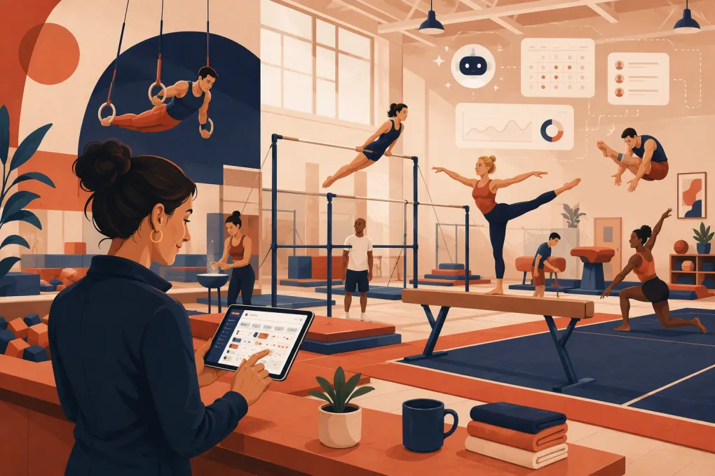 Adult gymnastics gym owner managing classes and bookings while athletes train