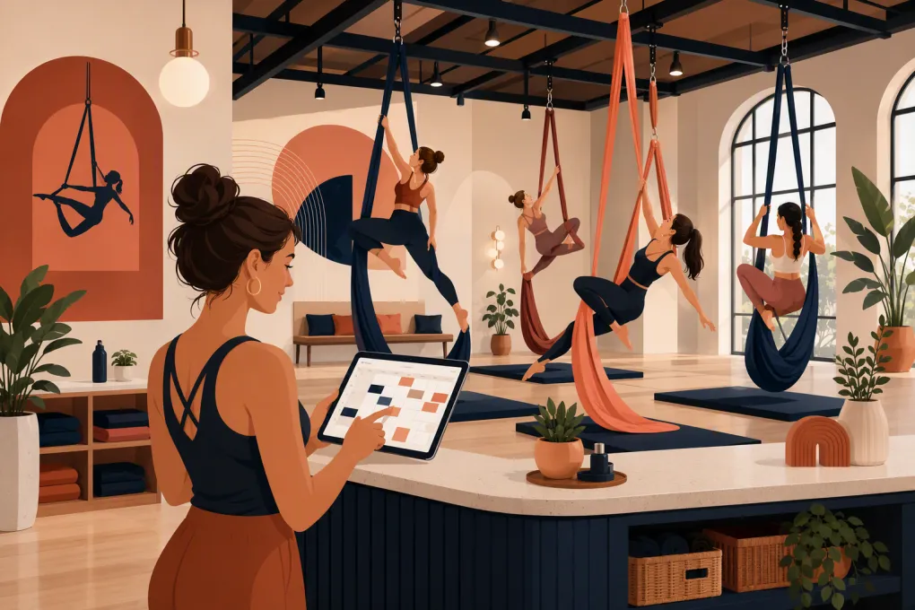 Aerial silks studio owner managing bookings while students train on suspended fabric