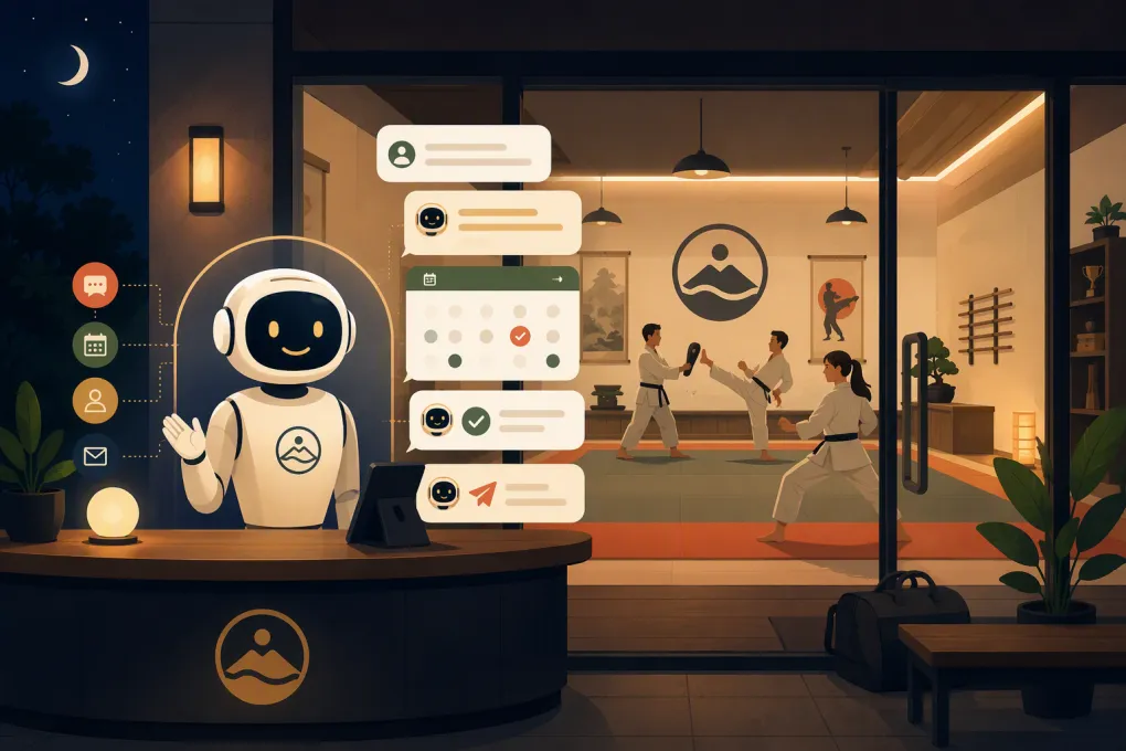 AI receptionist handling after-hours inquiries and intro bookings for a martial arts school