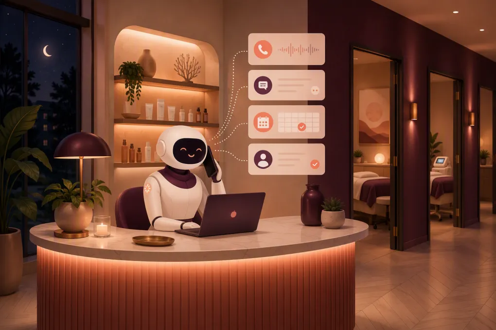 AI receptionist managing calls, messages, and bookings after hours at a modern med spa