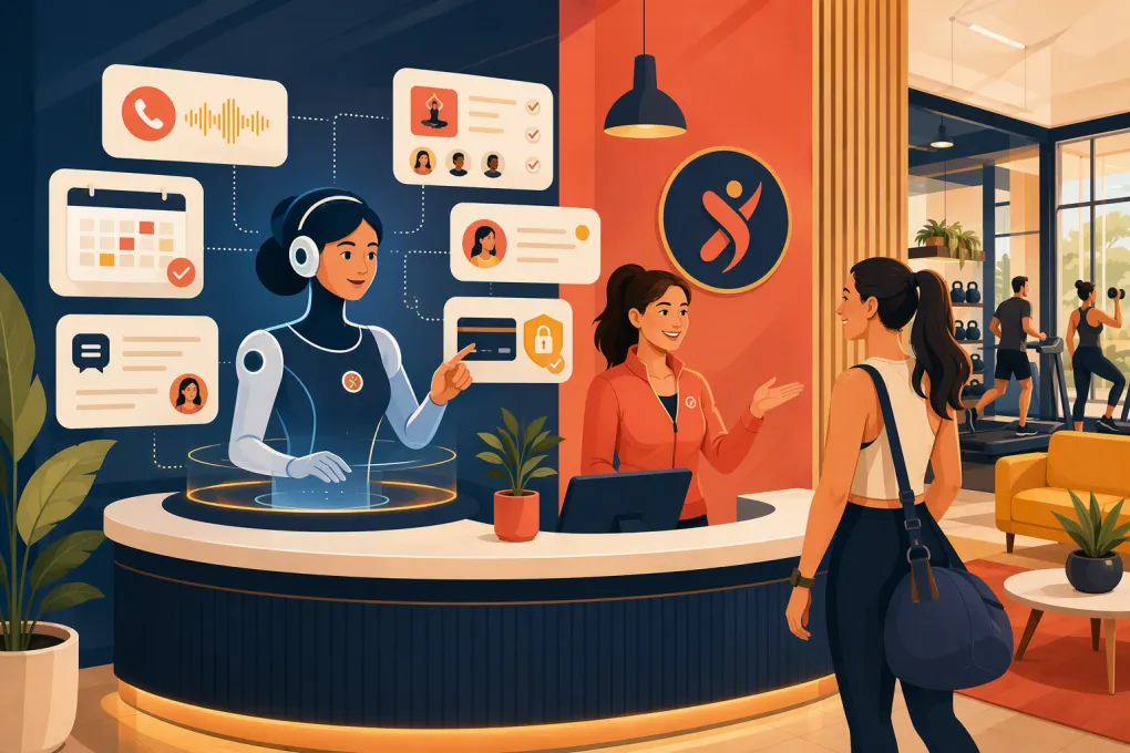 AI gym front desk managing calls, bookings, messages, and payment reminders