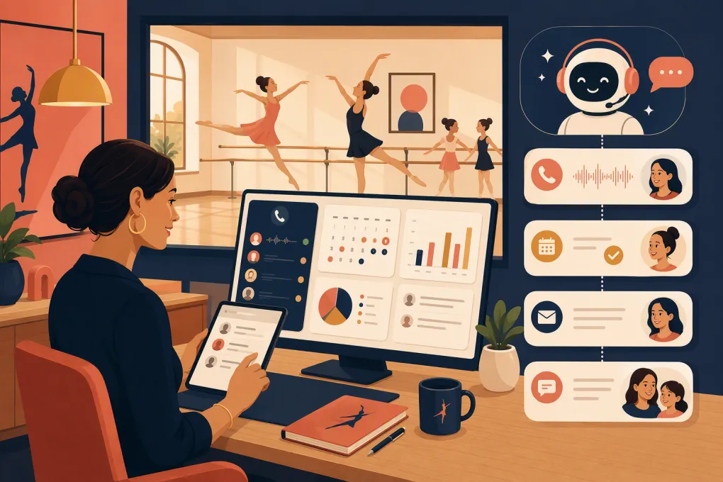 Dance studio owner using an AI receptionist to answer calls and book trial classes
