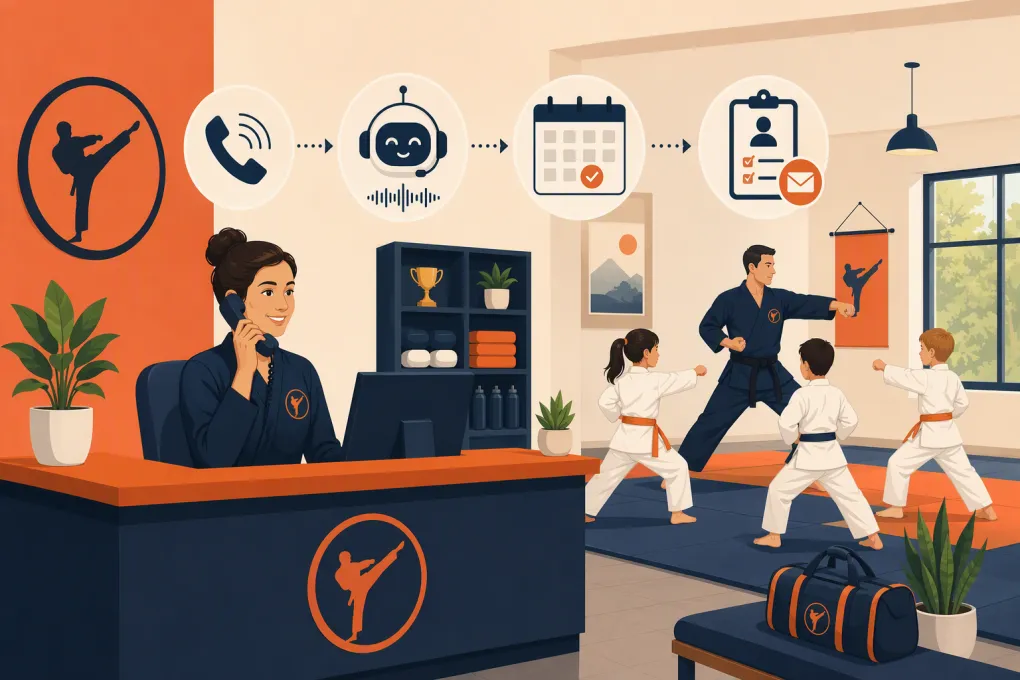 AI phone assistant booking a trial class while martial arts students train