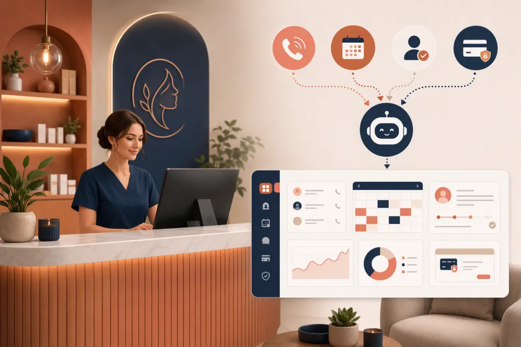 AI receptionist organizing calls, bookings and follow-ups for a modern med spa
