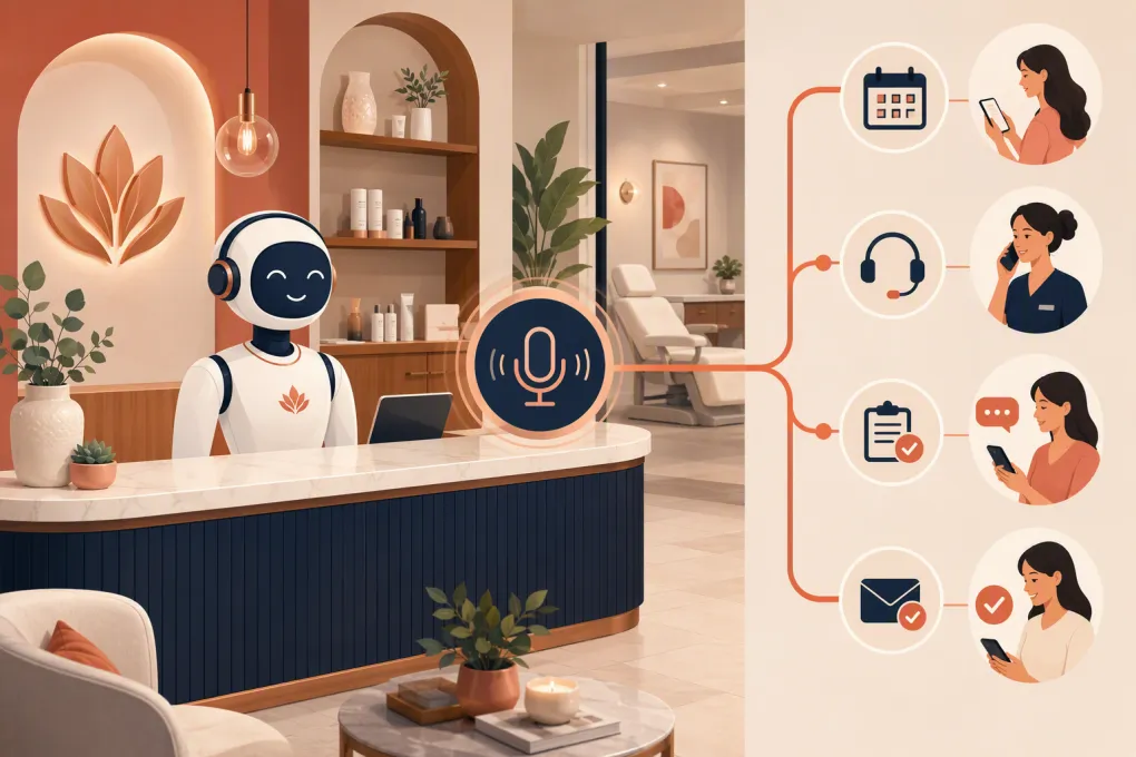 AI receptionist routing a med spa call through qualification, booking, and follow-up