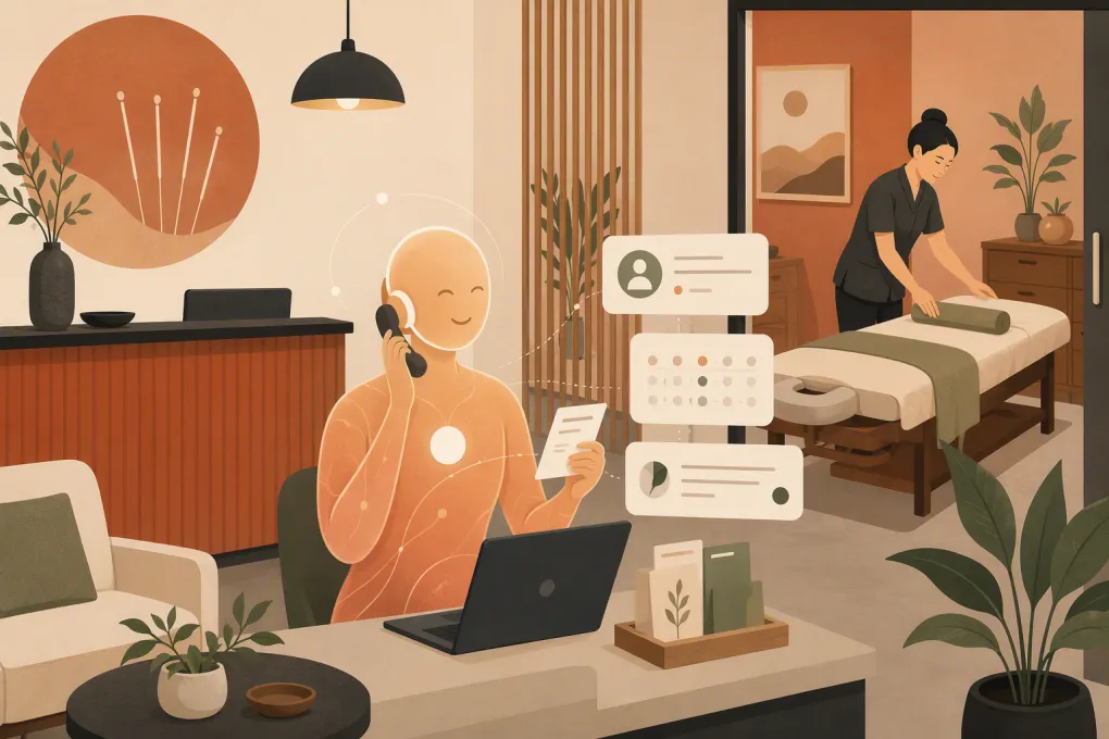 AI assistant managing calls and appointments at a calm acupuncture clinic