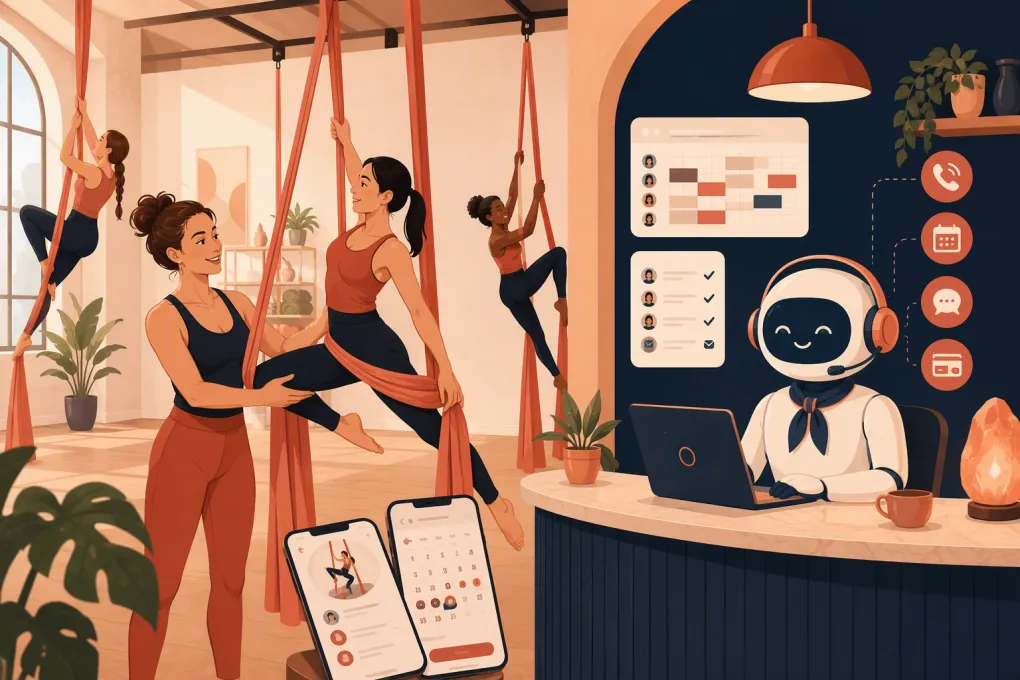 AI receptionist managing inquiries and bookings while an aerial silks instructor teaches class