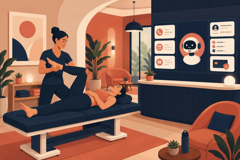 AI receptionist managing inquiries and bookings while a practitioner leads an assisted stretch session