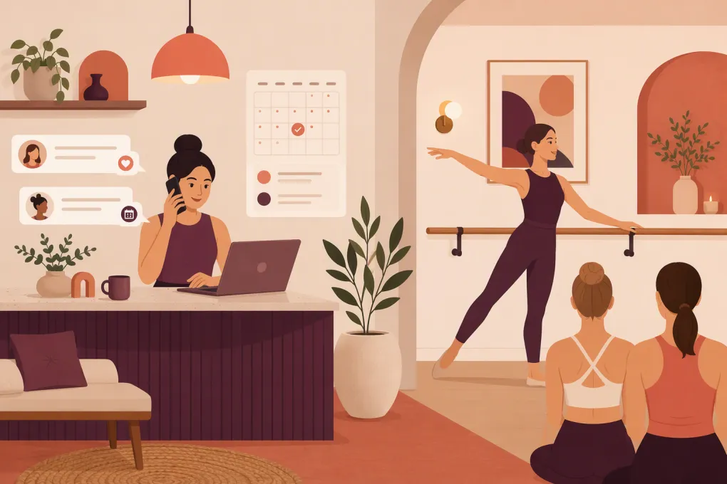 AI receptionist booking a new client's trial class while a barre studio owner teaches