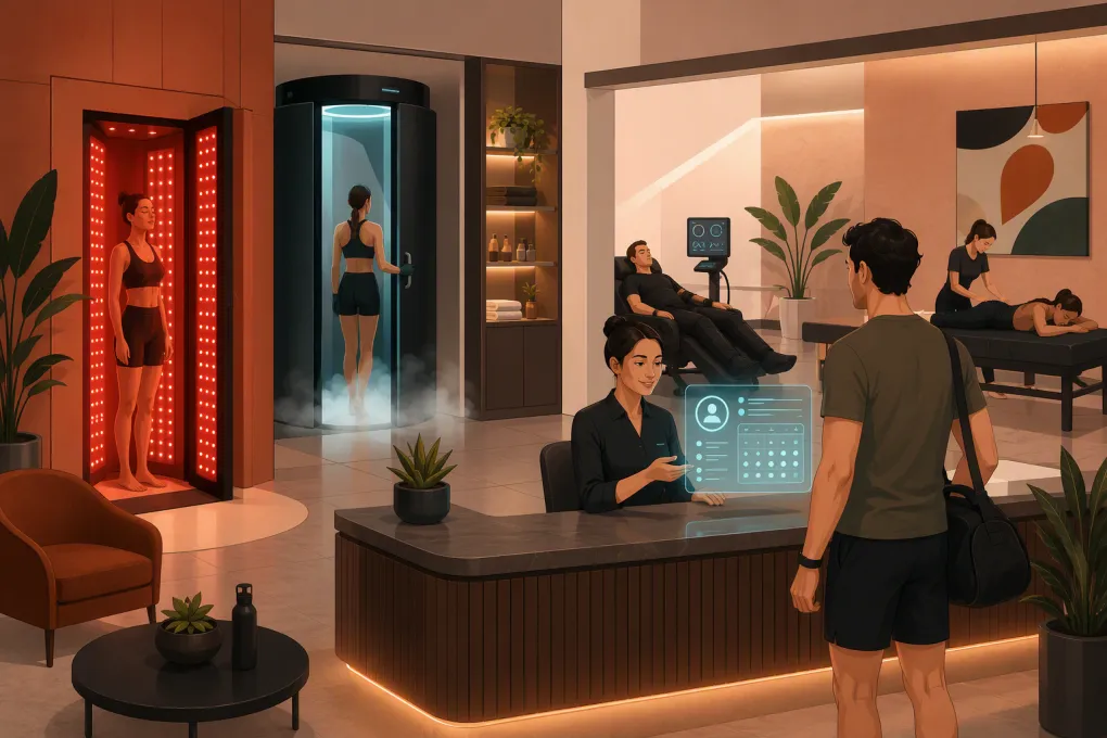 AI assistant managing bookings and inquiries inside a modern biohacking center