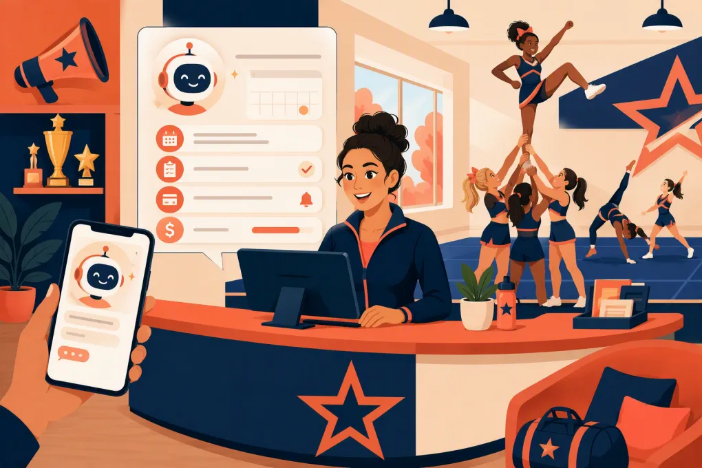 AI receptionist managing inquiries and bookings while athletes practice inside a cheer gym