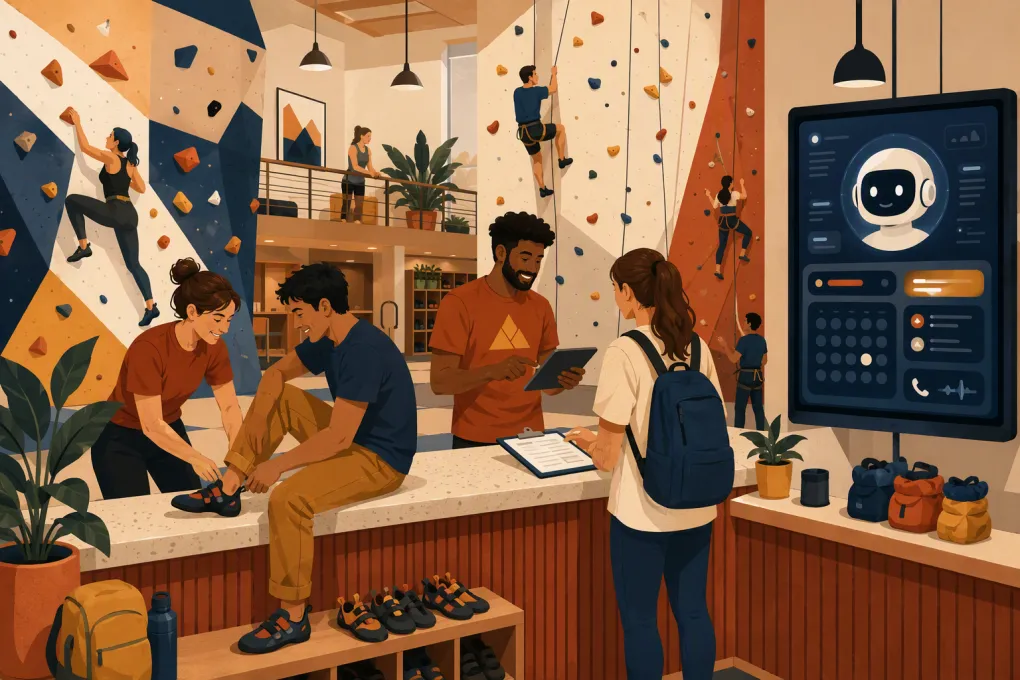AI receptionist supporting staff and visitors at an indoor climbing gym front desk