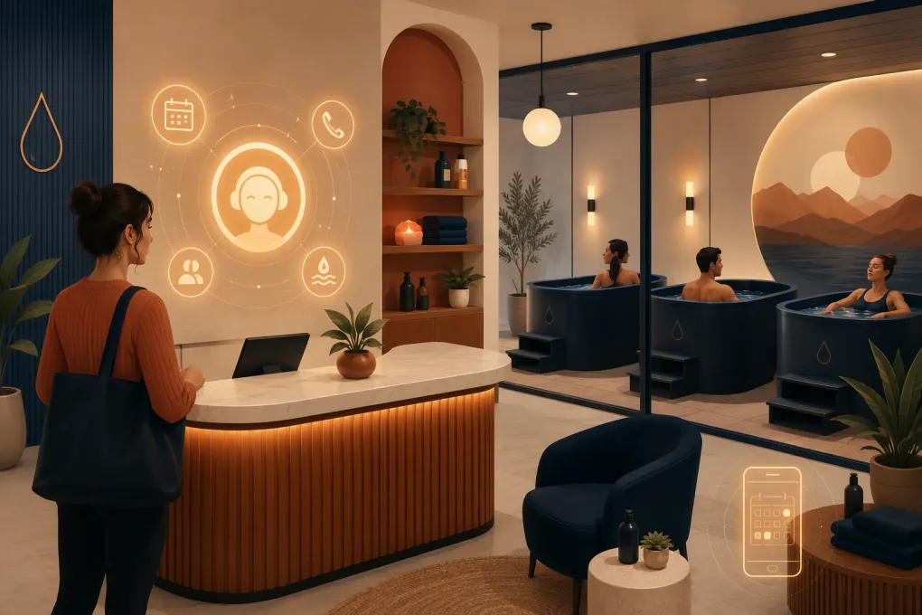 AI receptionist coordinating bookings and guest questions at a modern cold plunge studio