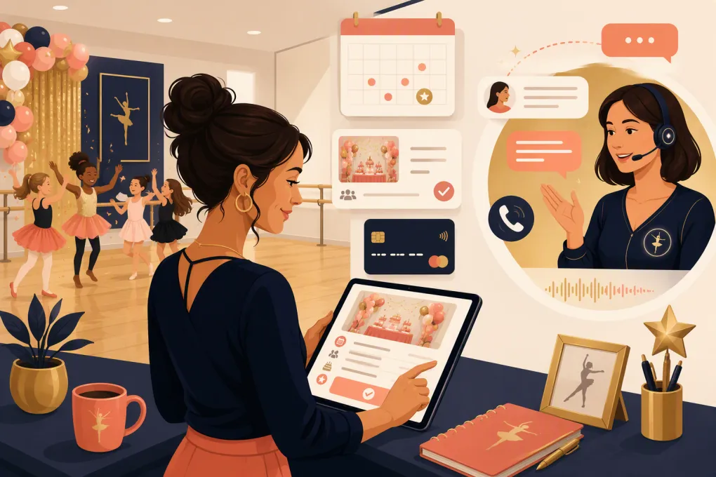 AI receptionist handling a birthday party inquiry for a dance studio