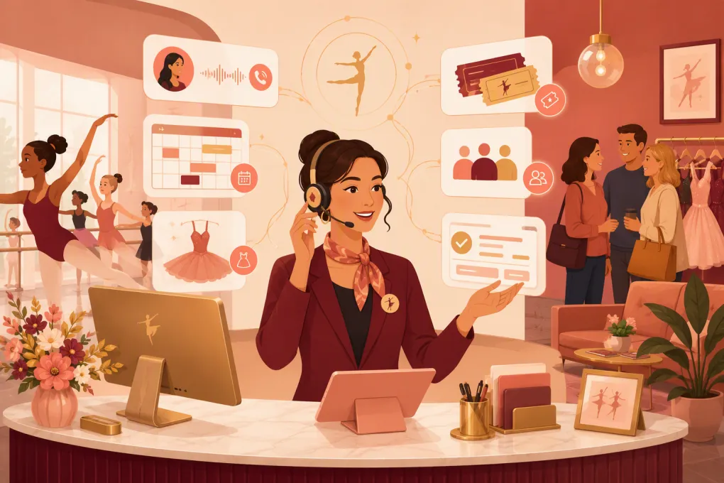AI receptionist organizing parent inquiries and recital details for a busy dance studio