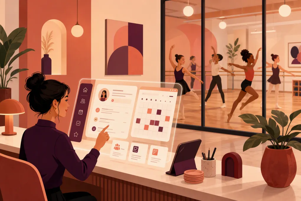 AI receptionist organizing trial bookings while dancers practice in a studio