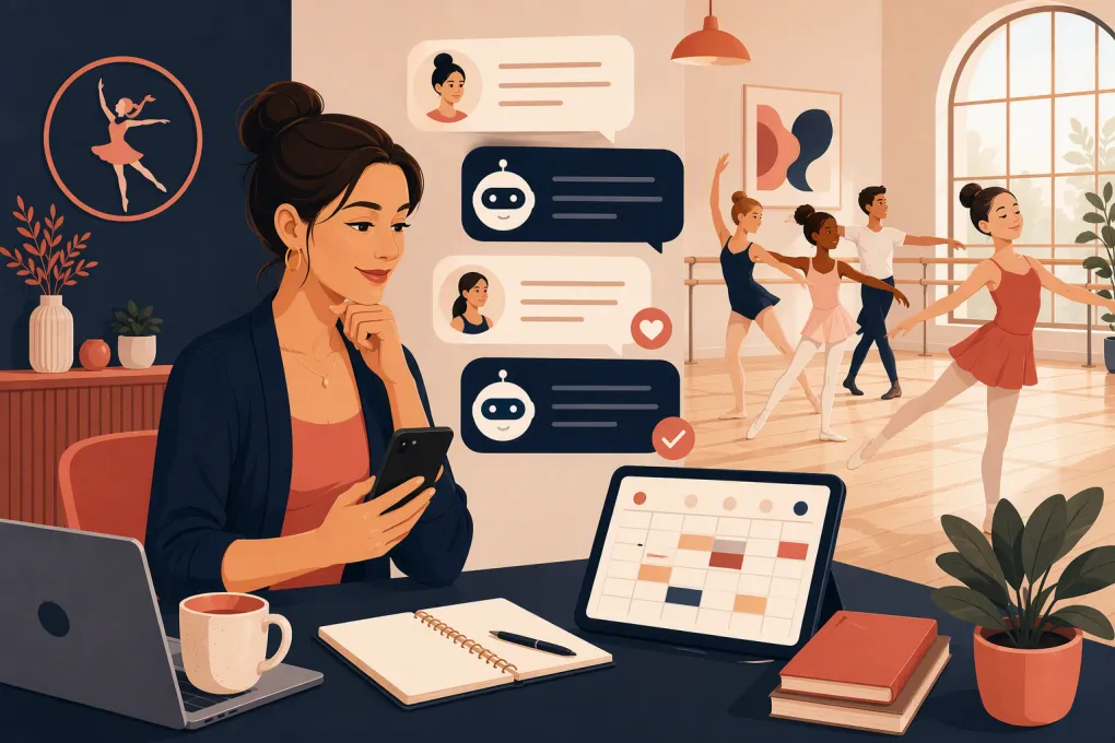 Dance studio owner using an AI receptionist to answer tuition inquiries and book classes