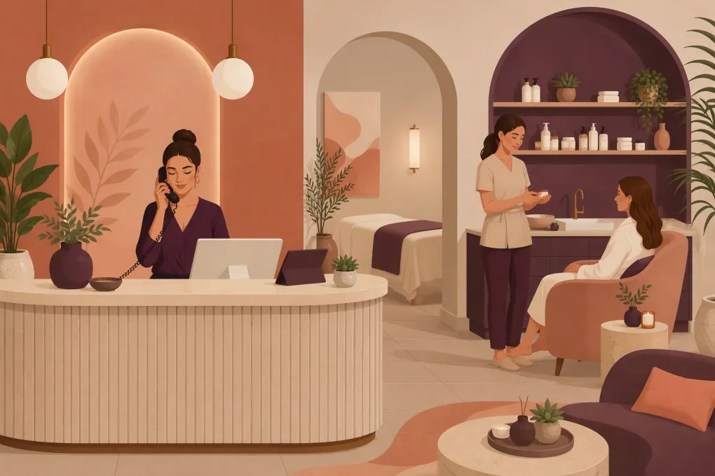 AI assistant managing calls and appointments at a modern day spa reception desk