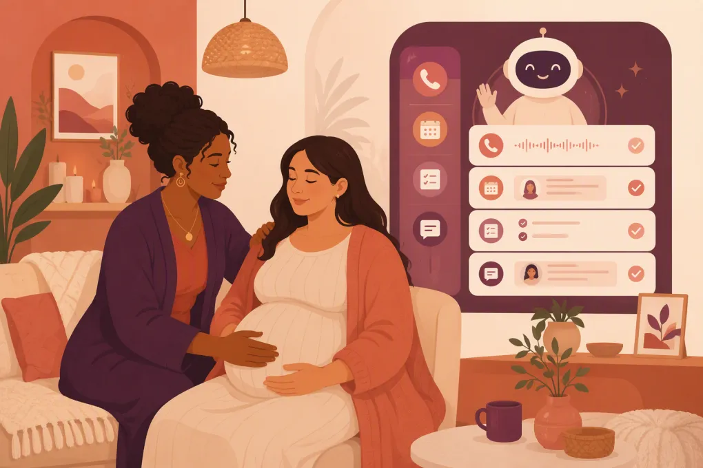 Doula with a client while an AI receptionist organizes inquiries, bookings, and follow-ups