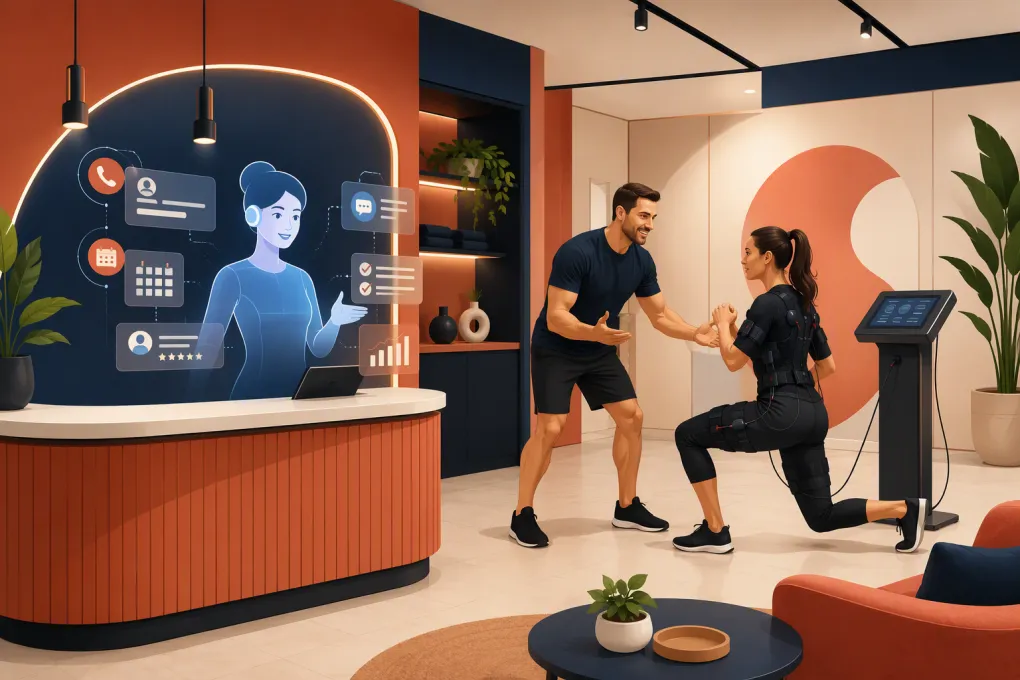 AI receptionist managing leads and bookings while an EMS studio coach works with a client