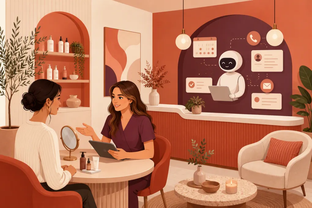 AI assistant managing calls and bookings while an esthetician works with a client