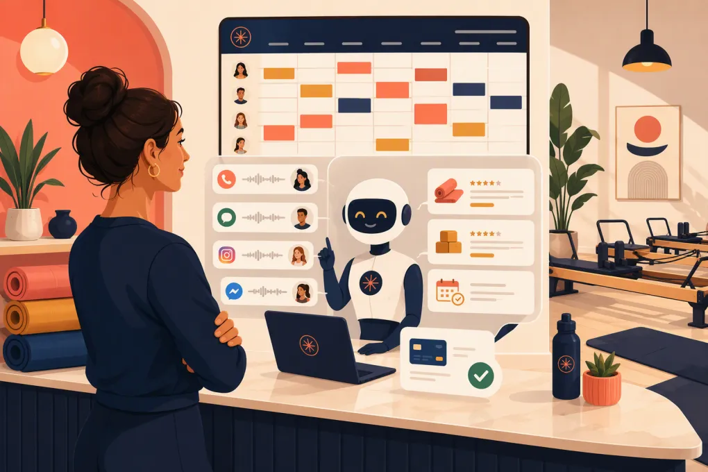 AI receptionist helping a fitness studio sell class packages and book new clients