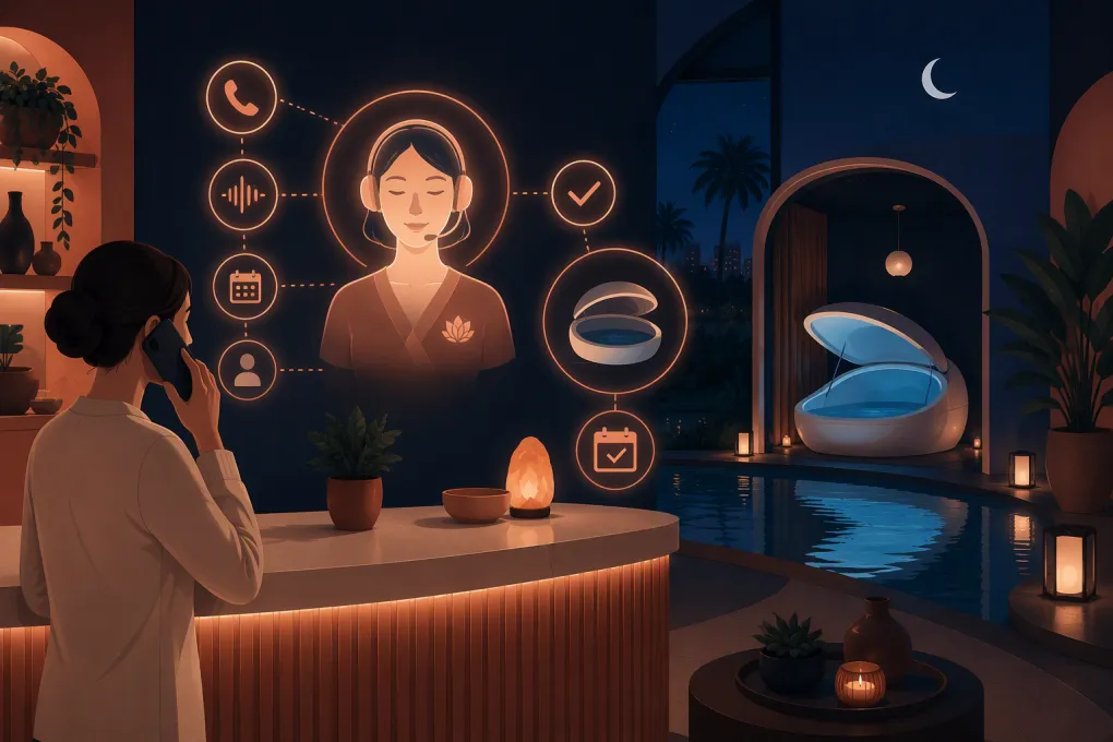 AI receptionist converting an after-hours inquiry into a float therapy appointment
