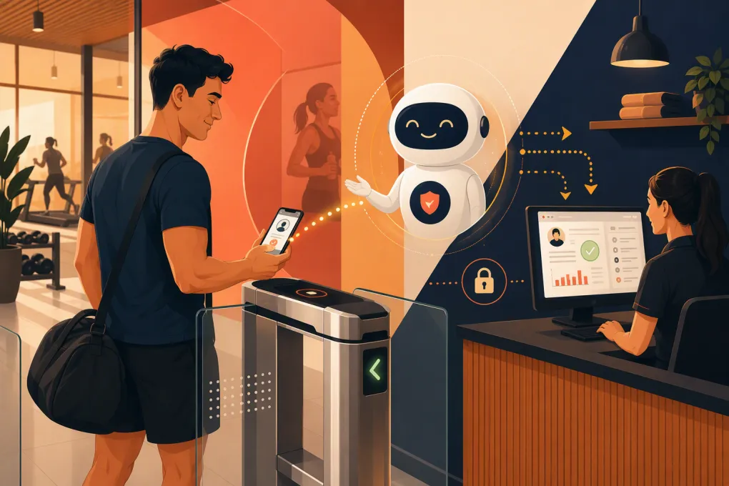 Gym member getting AI assistance at a secure fitness club entrance