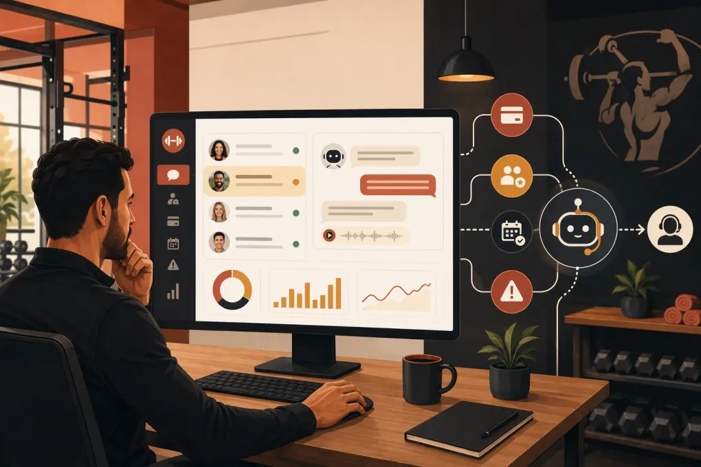 Gym operator reviewing billing conversations and payment workflows handled by an AI receptionist
