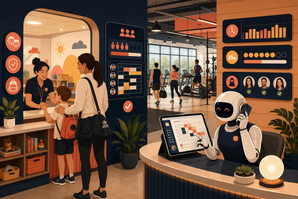 AI receptionist coordinating childcare reservations for parents at a modern gym