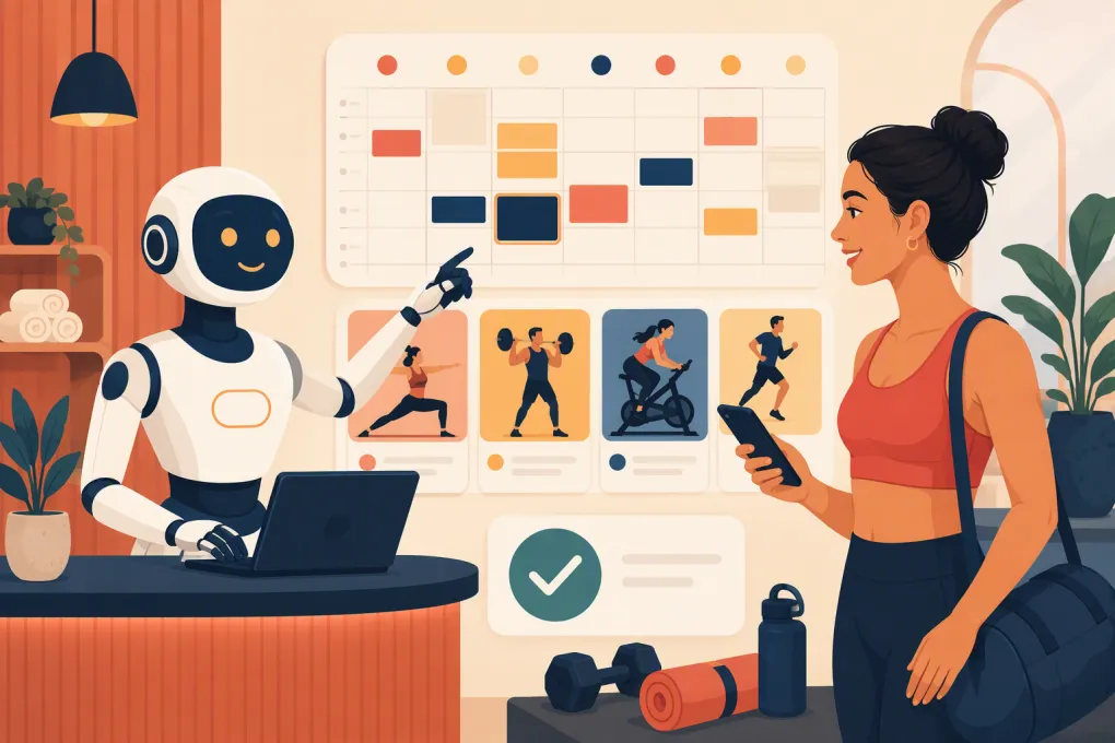 AI receptionist helping a gym member find and book a class from a digital schedule