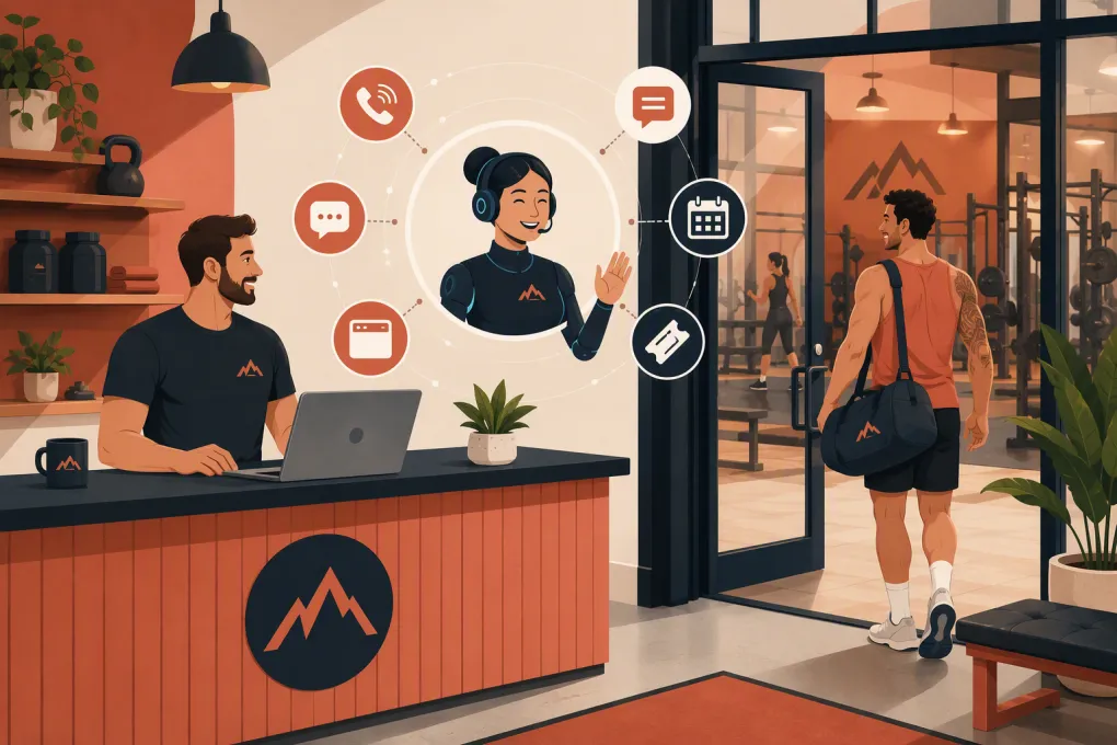 AI receptionist handling gym day pass calls, messages and bookings while staff assist members