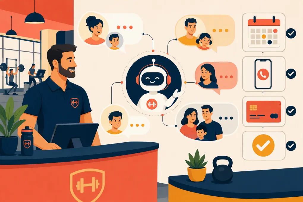 AI receptionist helping a gym owner manage family membership inquiries, bookings and payments