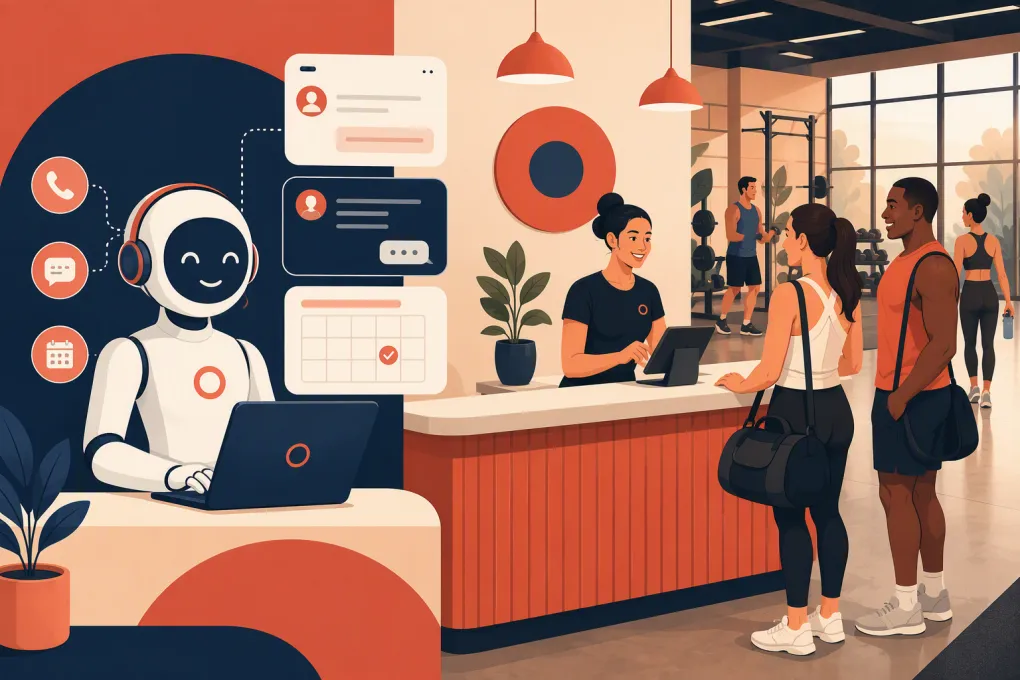AI receptionist handling guest pass inquiries while gym staff assist members