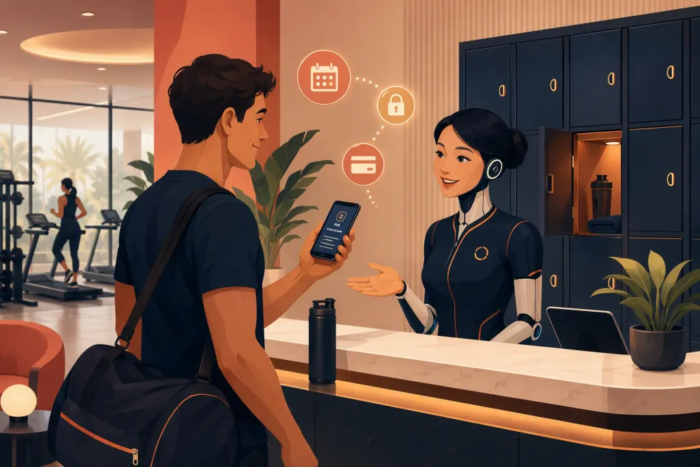 AI receptionist helping a gym member with a locker rental inquiry