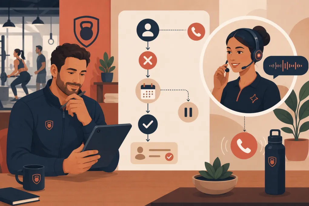 AI receptionist managing a gym membership cancellation call while an operator reviews the workflow