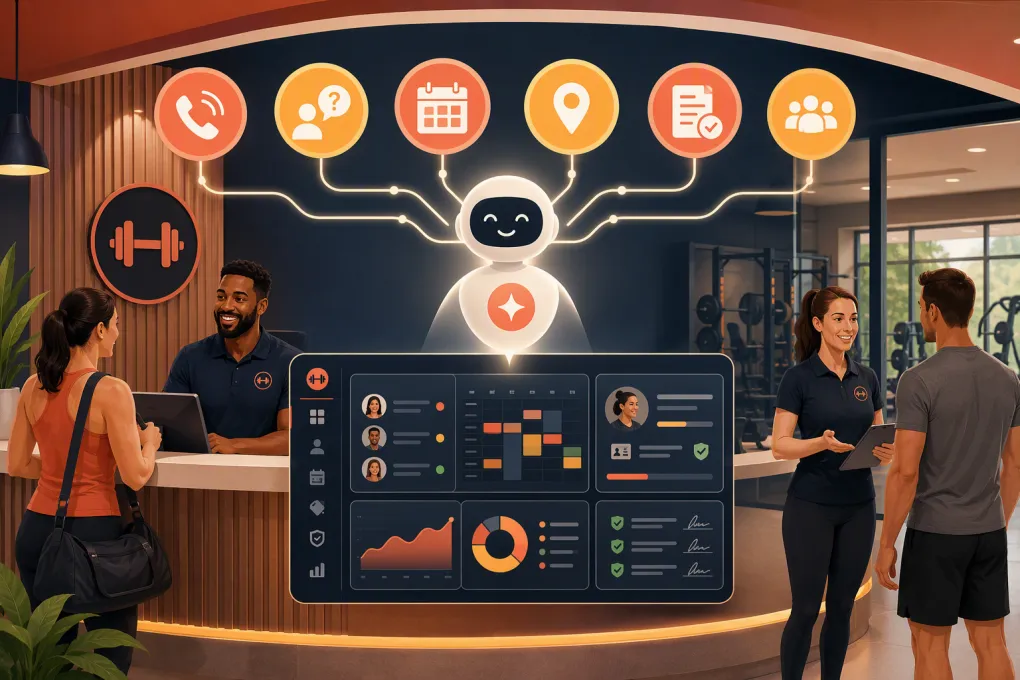 AI receptionist routing gym membership inquiries, bookings, follow-ups, and staff handoffs