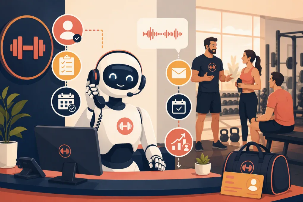 AI receptionist handling a membership sales call while gym staff coach members