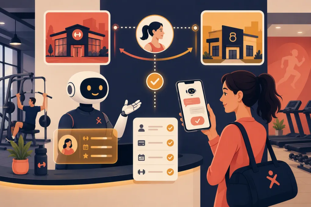 AI receptionist routing a gym membership transfer between two club locations