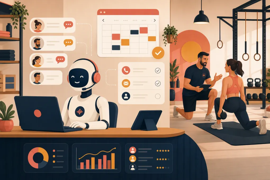 AI receptionist following up with gym prospects while an owner coaches clients