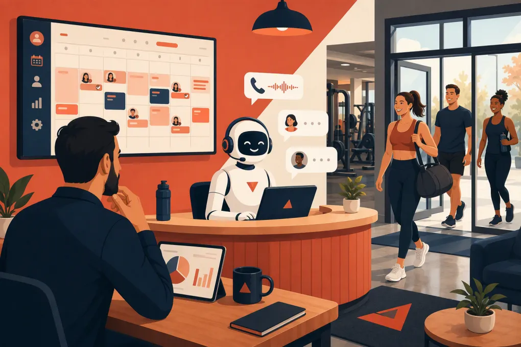 AI receptionist scheduling gym tours while an owner manages the front desk
