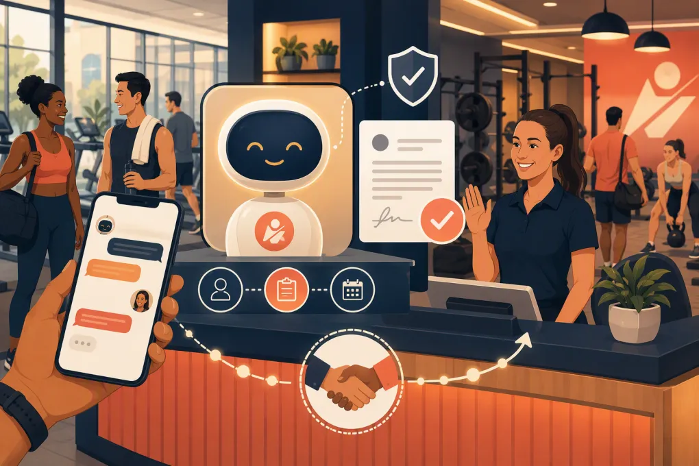 AI gym receptionist answering a member's waiver question and routing a digital form