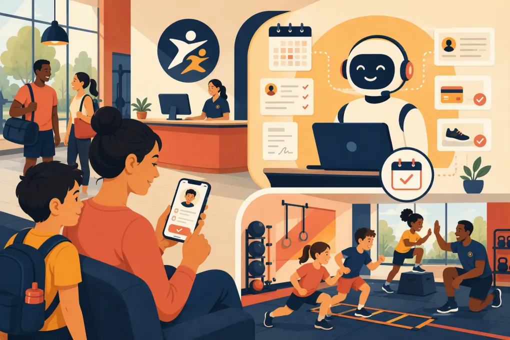 Parent enrolling a child in a gym youth program with help from an AI receptionist