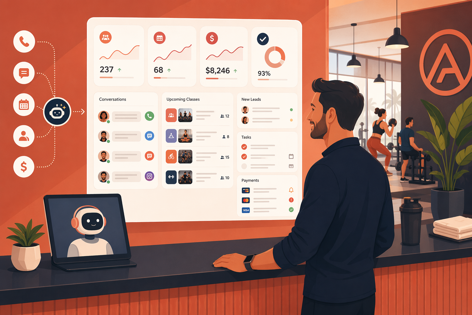 Gym owner using an AI receptionist dashboard for calls, bookings, follow-up and payments
