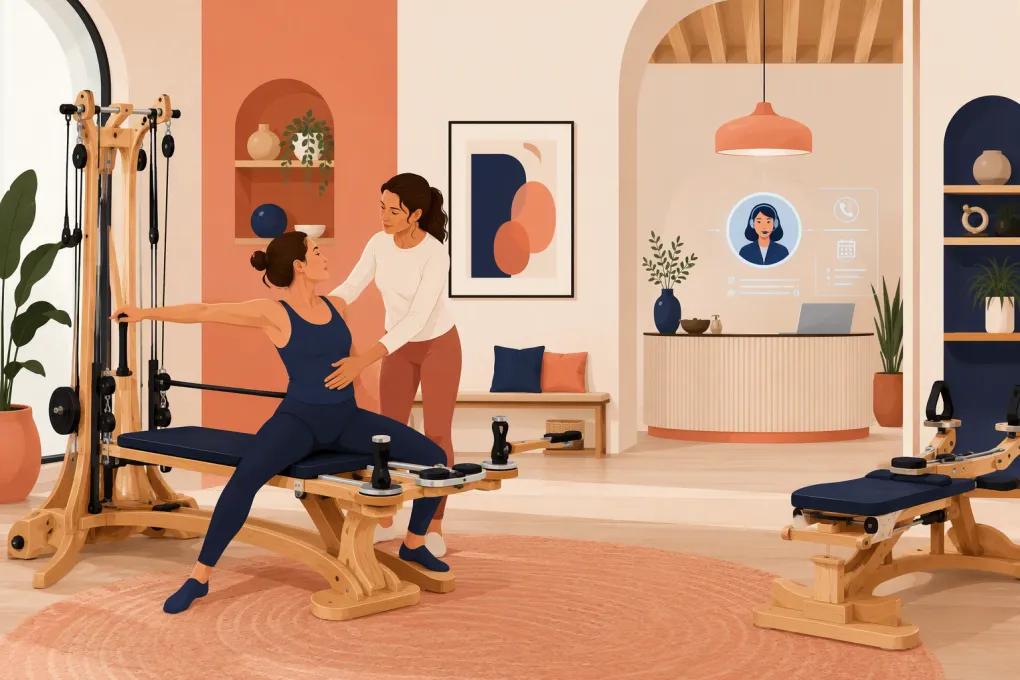 Studio owner teaching while an AI receptionist manages GYROTONIC inquiries and bookings