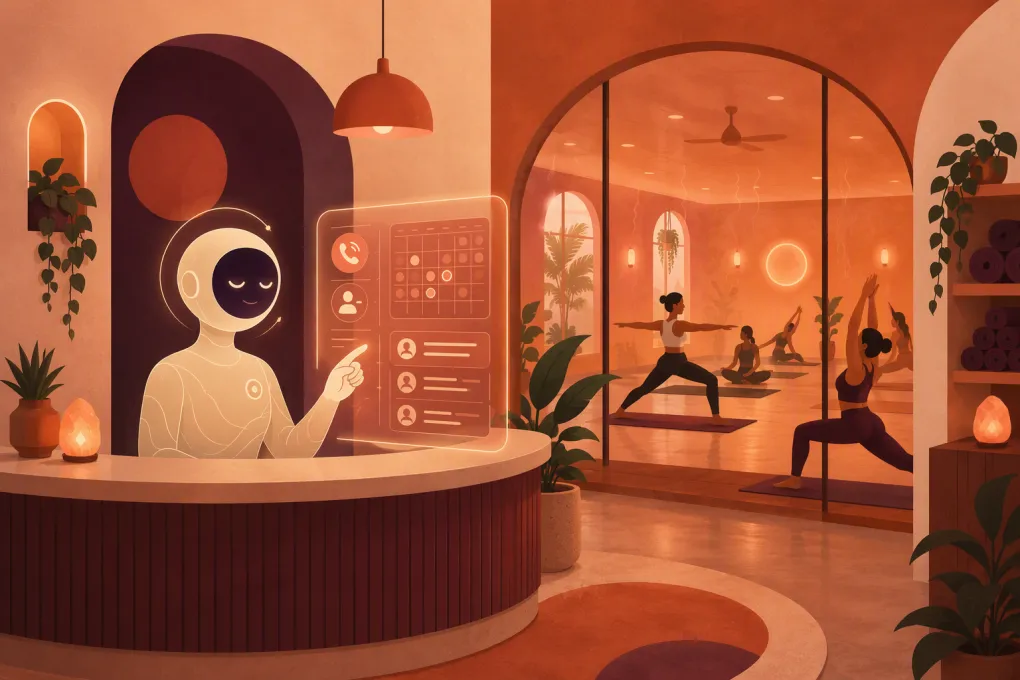 AI receptionist managing calls and bookings for a warm, modern hot yoga studio